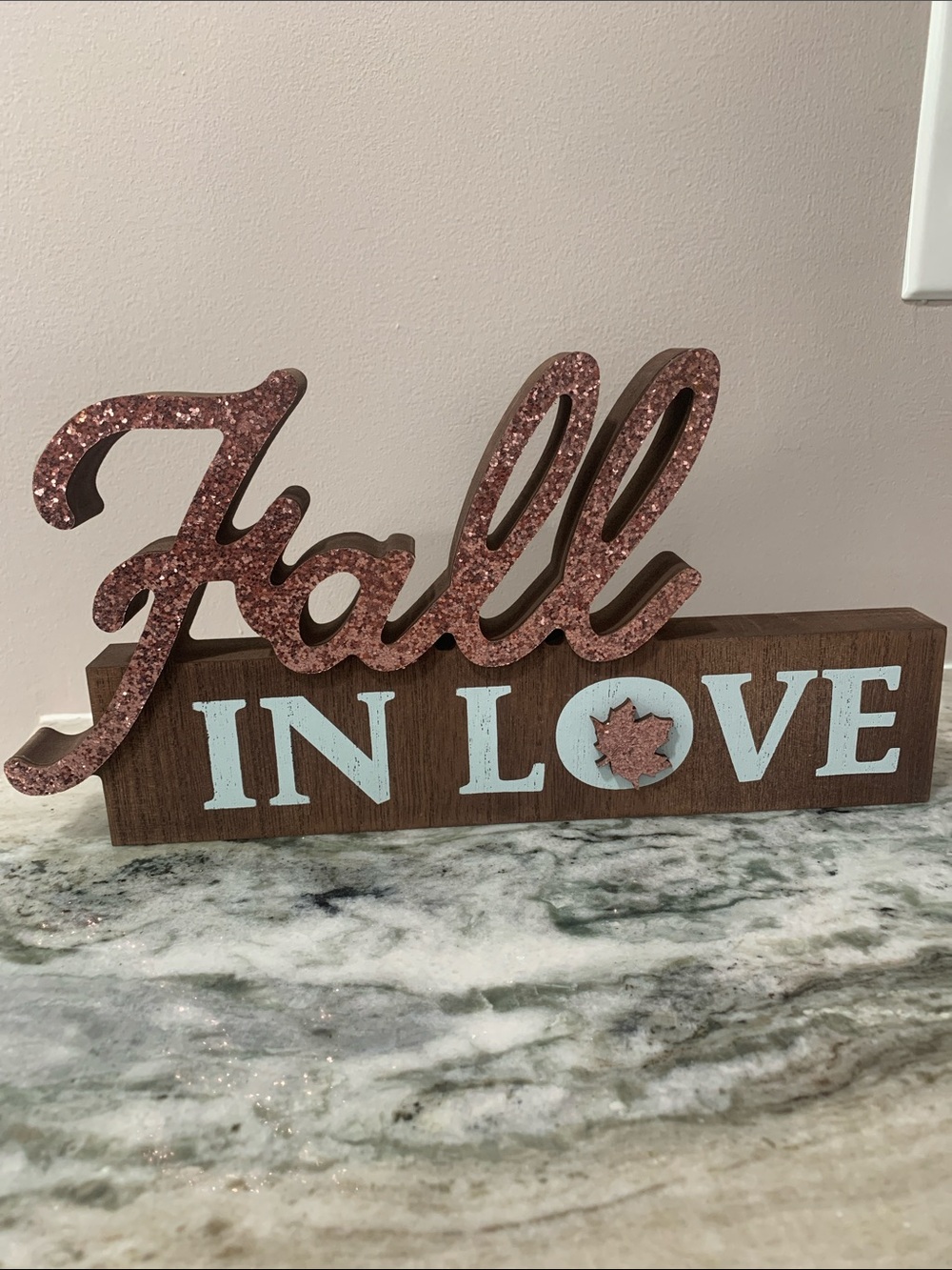 Fall In Love Glitter Wood Sign - Rose Gold & White